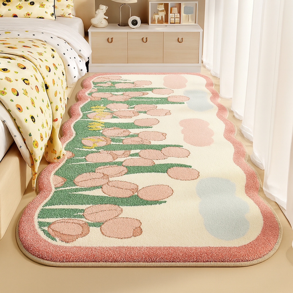 Bedroom Rug Floral Pattern | Scalloped Edge