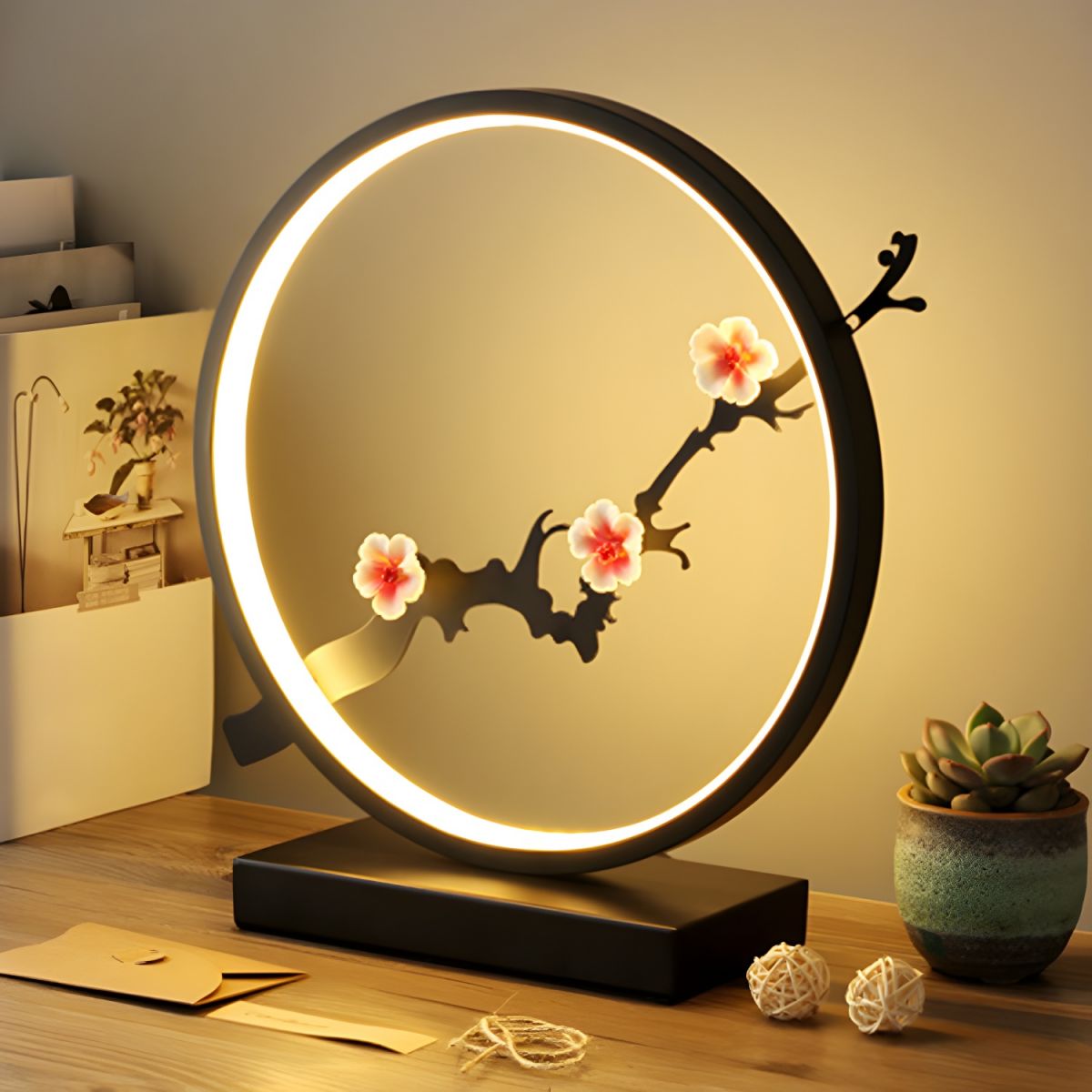 Desk Lamp LED Ring With Decorative Sculpture | Table Light