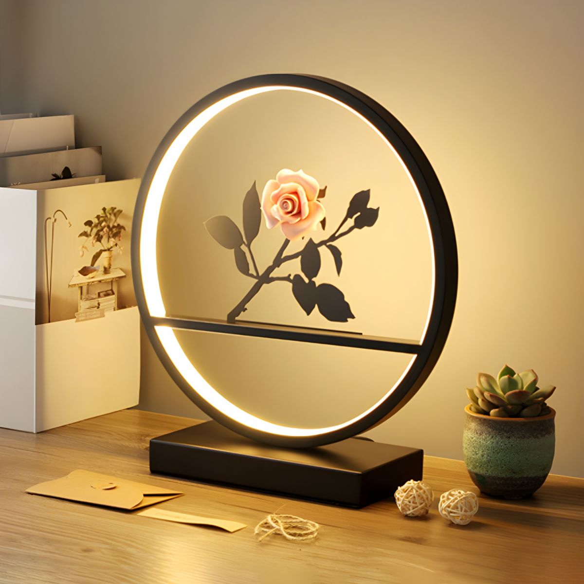 Desk Lamp LED Ring With Decorative Sculpture | Table Light