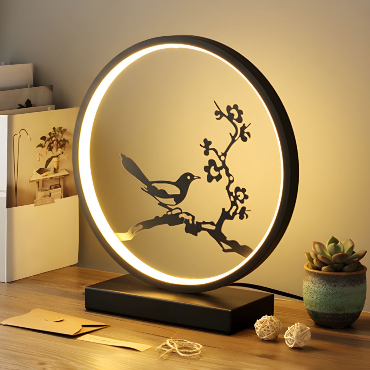 Desk Lamp LED Ring With Decorative Sculpture | Table Light