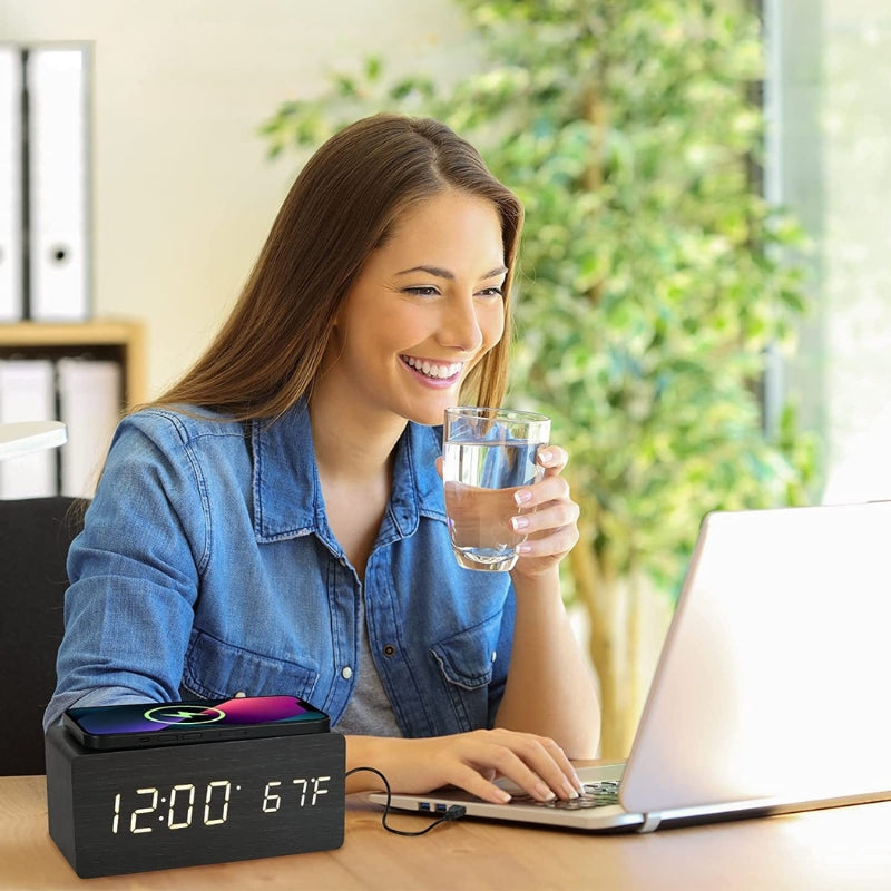 LED Digital Alarm Clock with Temperature Display | Wireless Charger