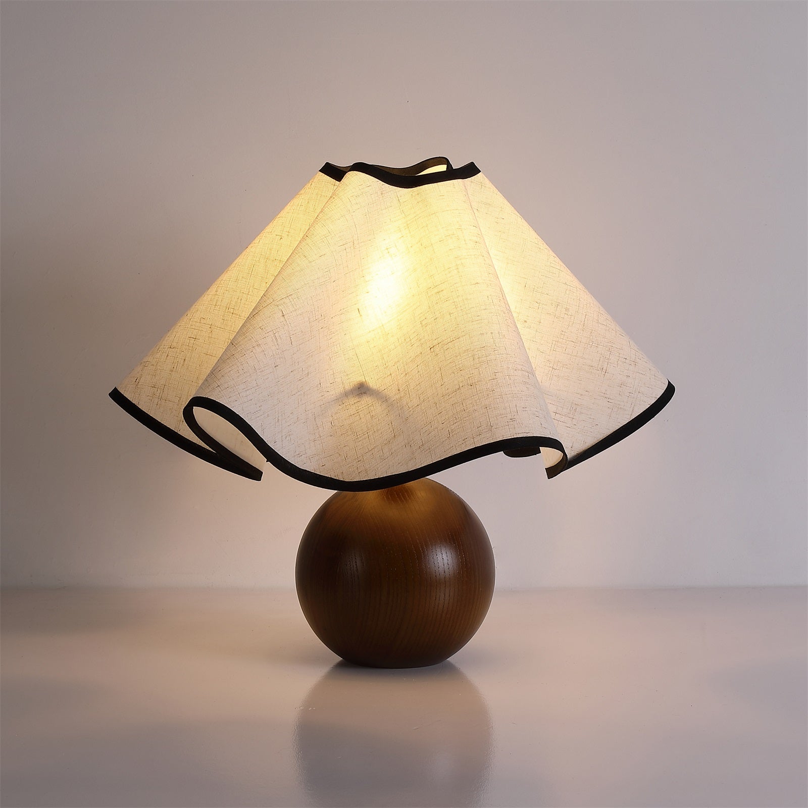 Bedside Lamps with Wavy Shade & Wooden Ball Base | Modern