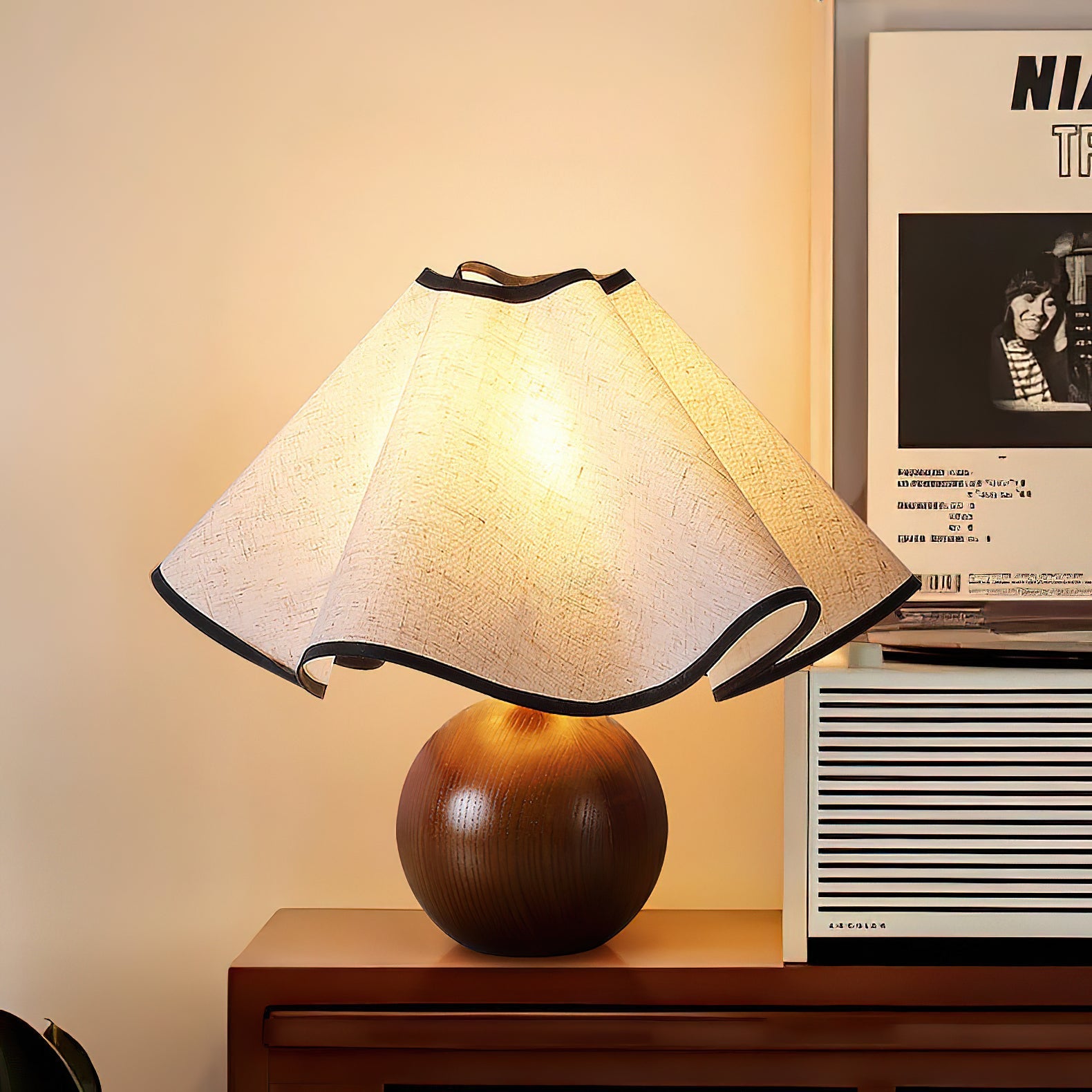 Bedside Lamps with Wavy Shade & Wooden Ball Base | Modern
