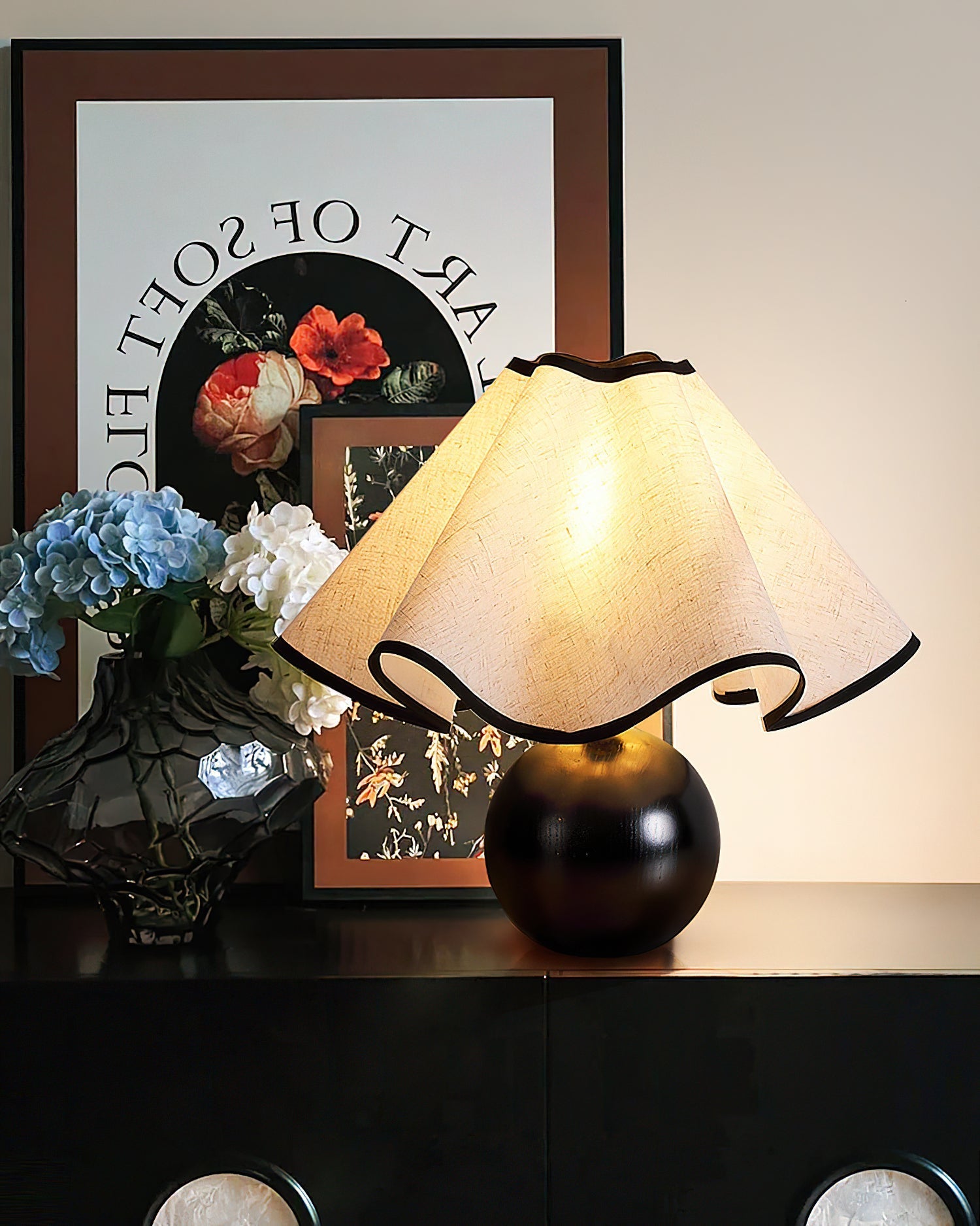Bedside Lamps with Wavy Shade & Wooden Ball Base | Modern