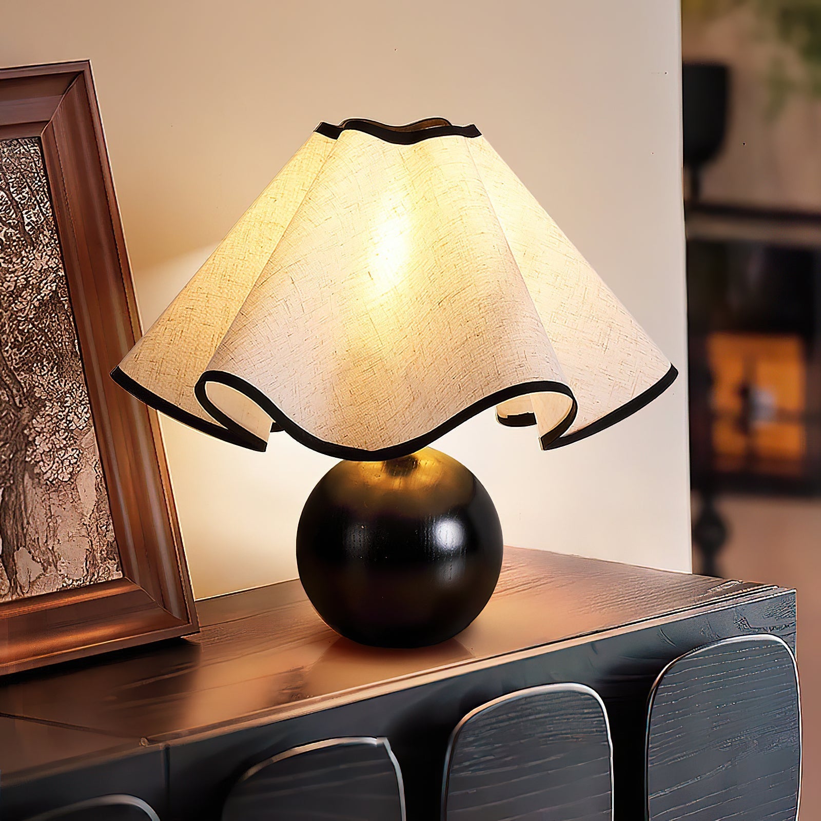 Bedside Lamps with Wavy Shade & Wooden Ball Base | Modern