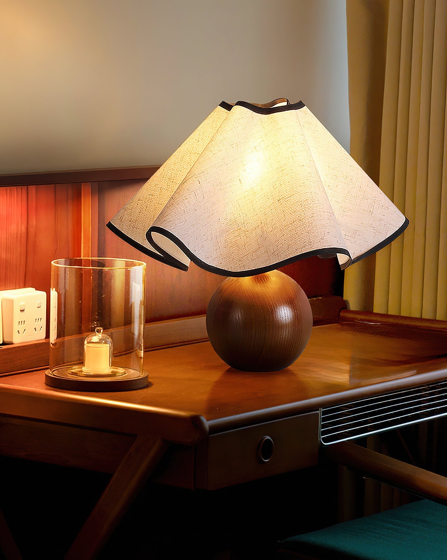Bedside Lamps with Wavy Shade & Wooden Ball Base | Modern