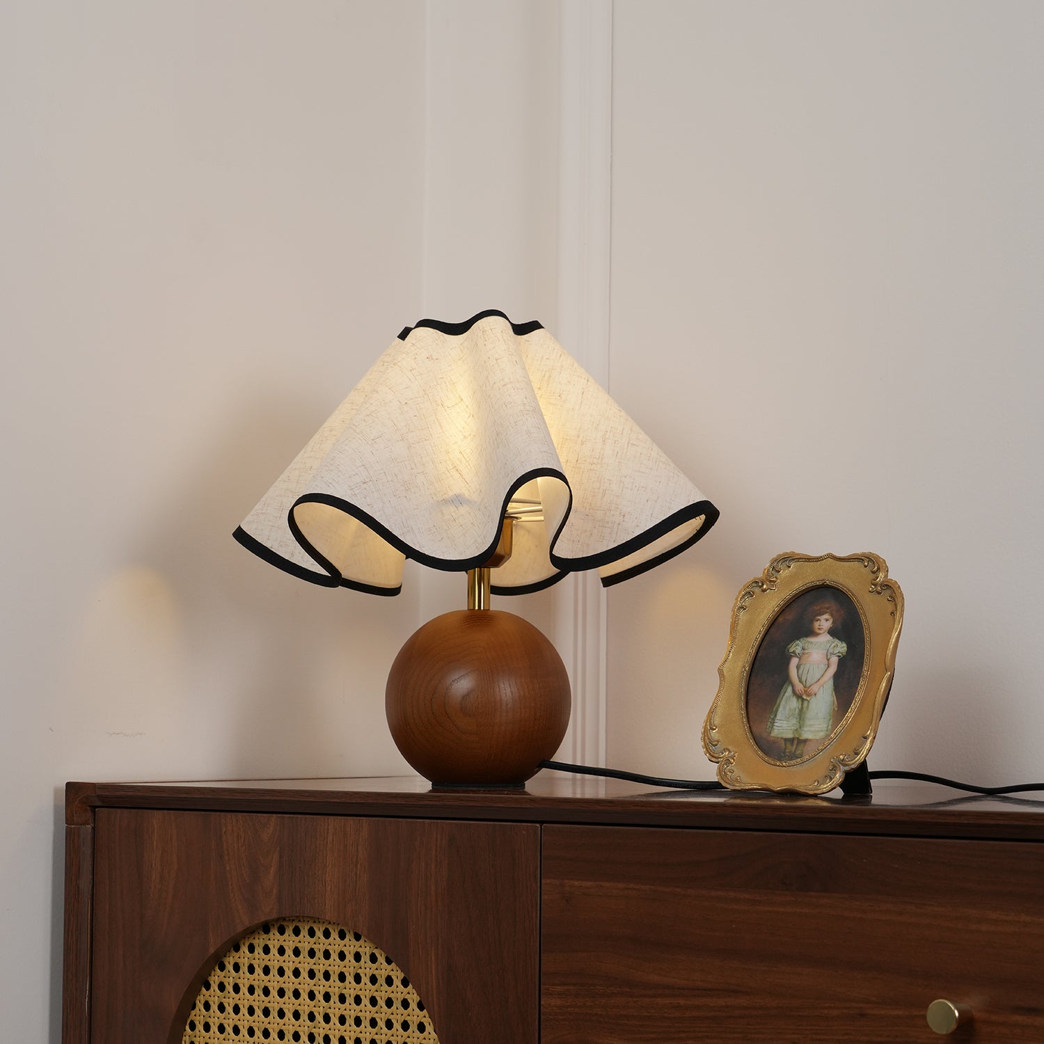 Bedside Lamps with Wavy Shade & Wooden Ball Base | Modern