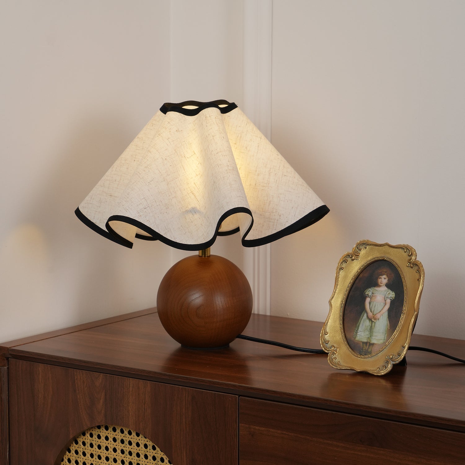 Bedside Lamps with Wavy Shade & Wooden Ball Base | Modern