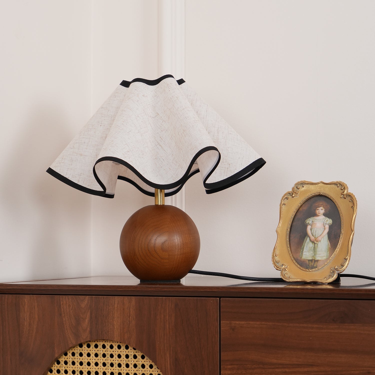 Bedside Lamps with Wavy Shade & Wooden Ball Base | Modern