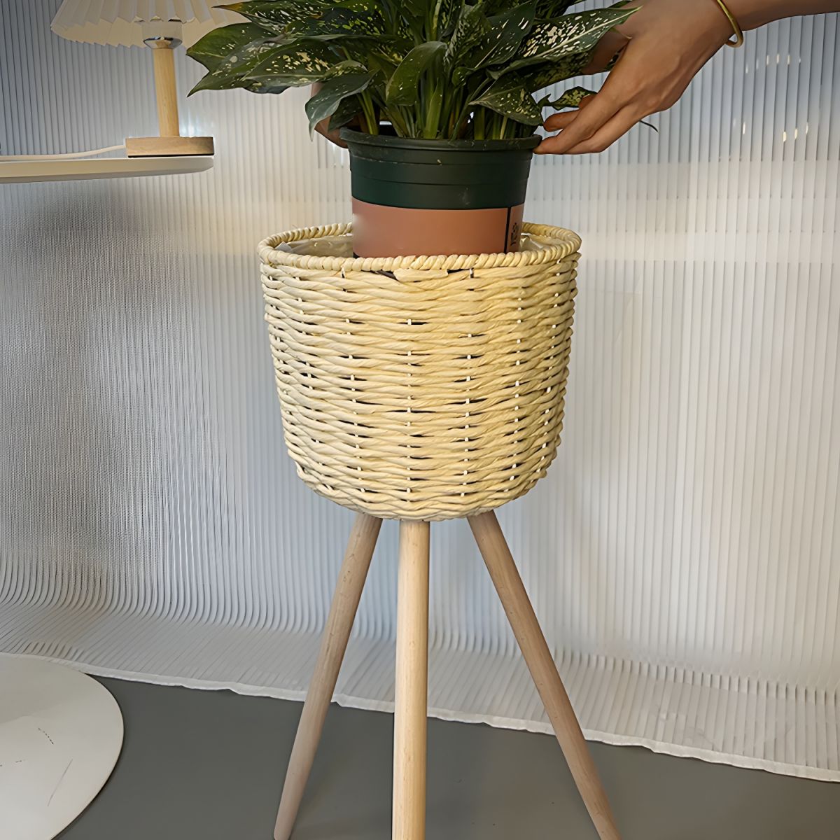 Round Plant Stand with Wooden Legs | Indoor