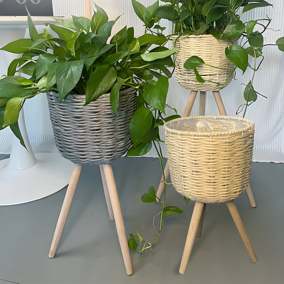 Round Plant Stand with Wooden Legs | Indoor