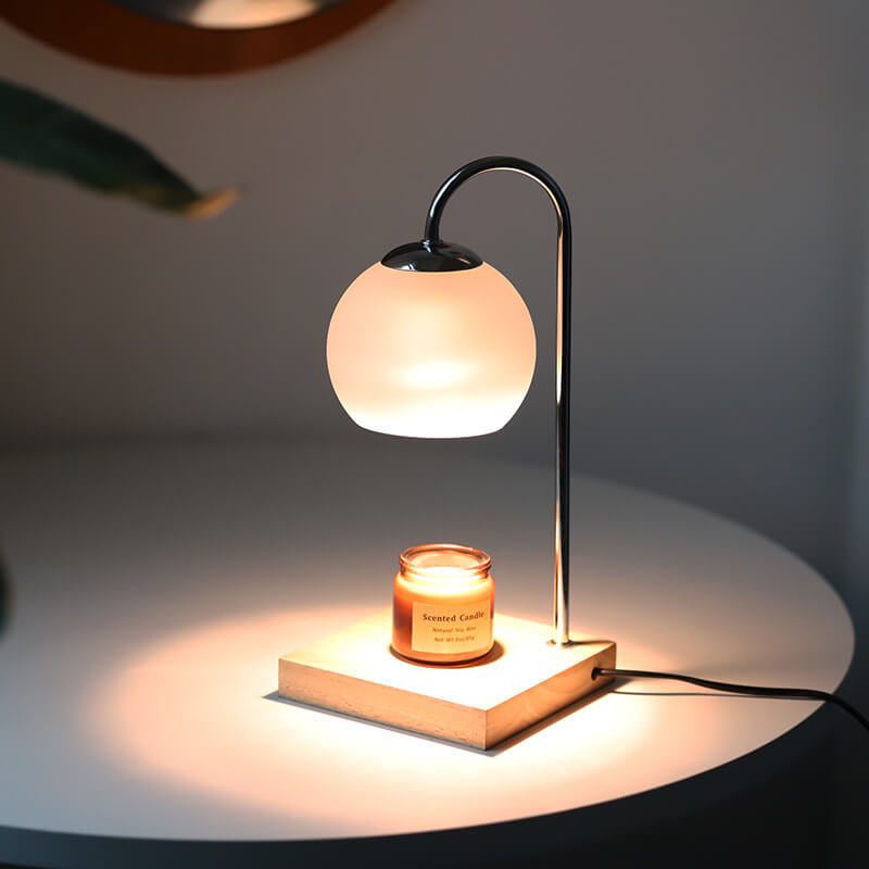 Table Lamp Modern Glass Shade | Wooden Base Candle Warmer