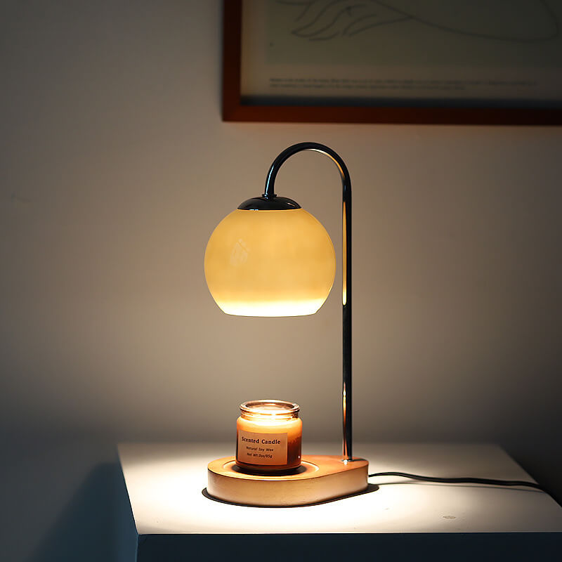 Table Lamp Modern Glass Shade | Wooden Base Candle Warmer