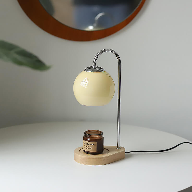 Table Lamp Modern Glass Shade | Wooden Base Candle Warmer