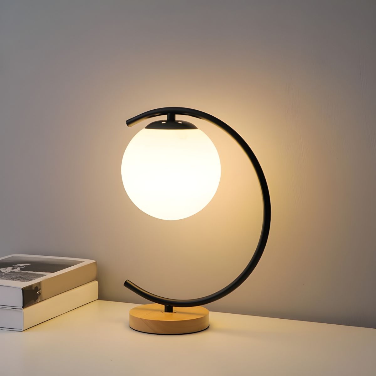 Table Lamp Glass Globe & Wooden Base for Bedroom | Decor
