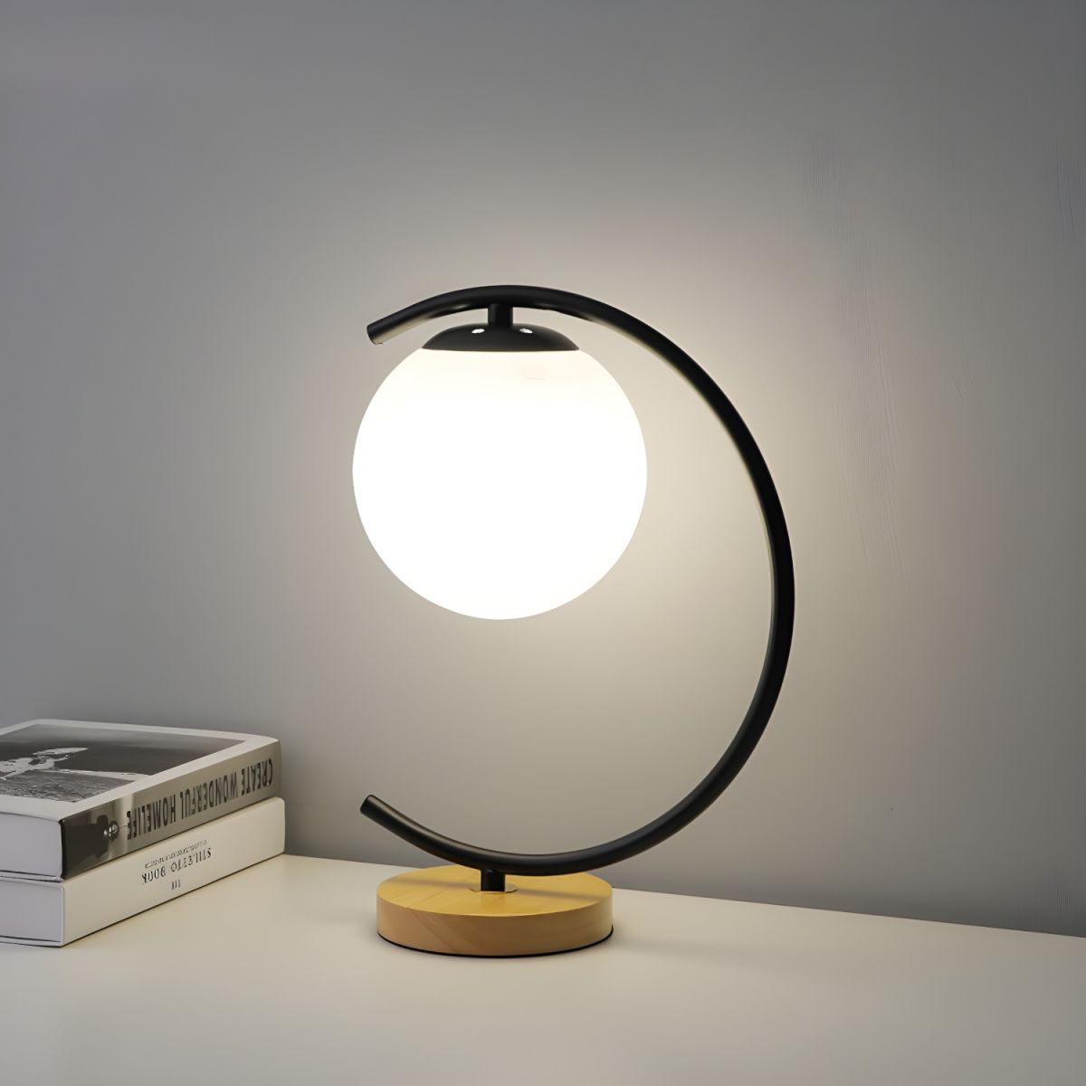 Table Lamp Glass Globe & Wooden Base for Bedroom | Decor