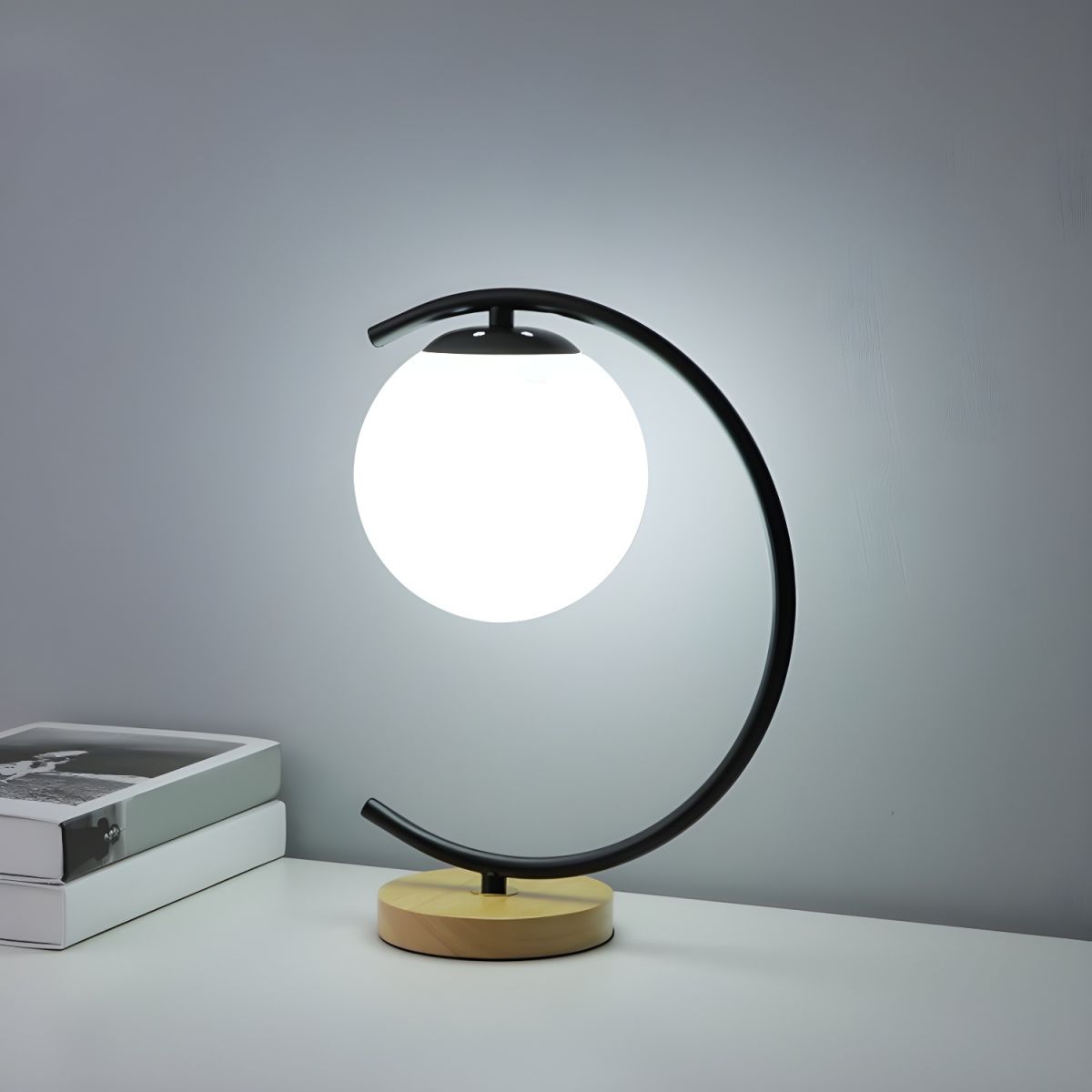 Table Lamp Glass Globe & Wooden Base for Bedroom | Decor