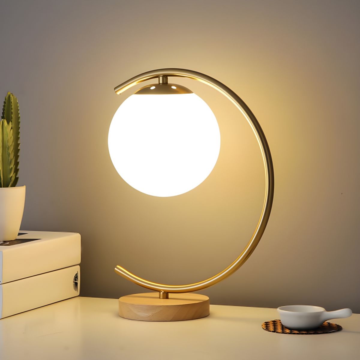 Table Lamp Glass Globe & Wooden Base for Bedroom | Decor