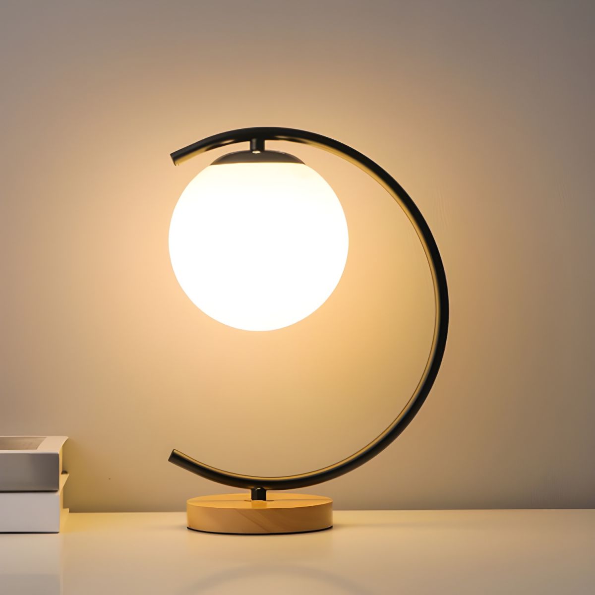 Table Lamp Glass Globe & Wooden Base for Bedroom | Decor